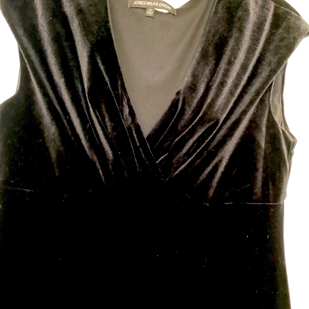 Tea length black velvet dress with shawl collar.